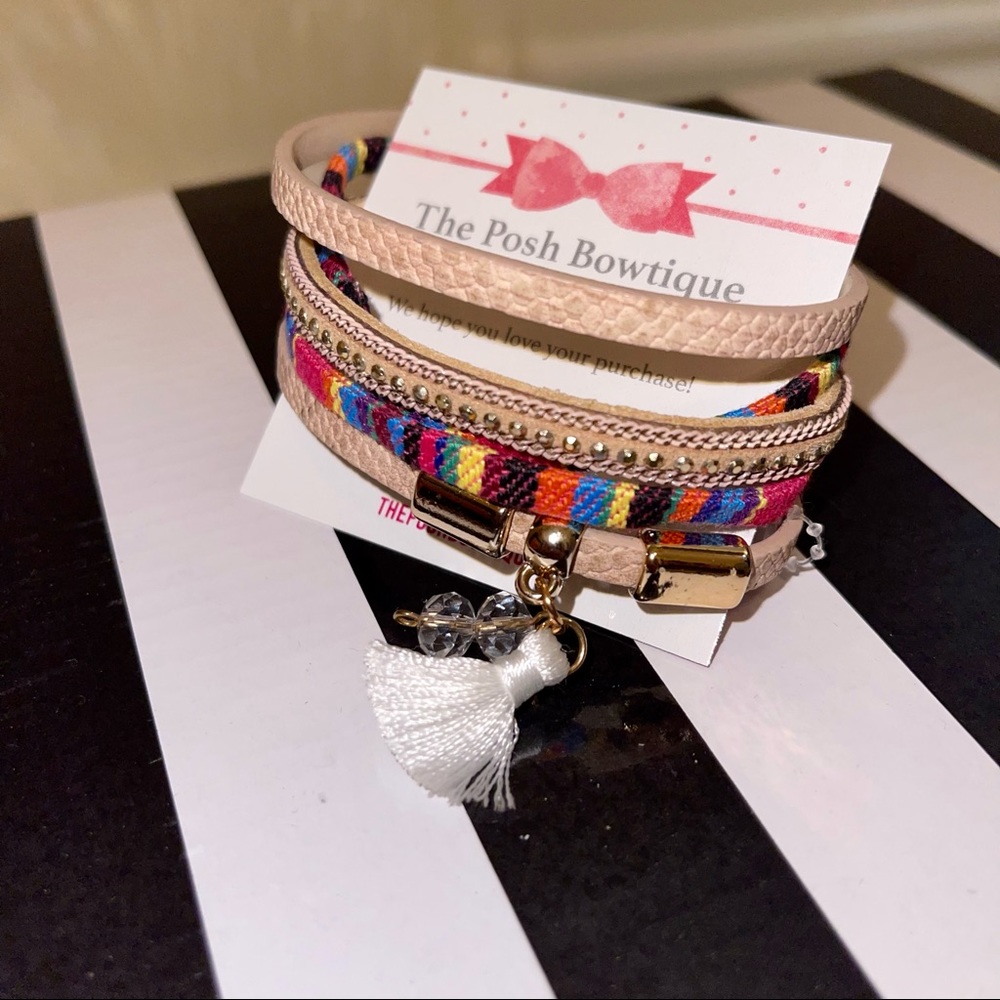 Bright Multicolor Boho Threaded Tassel Faux Leather Magnetic Wrap Bracelet